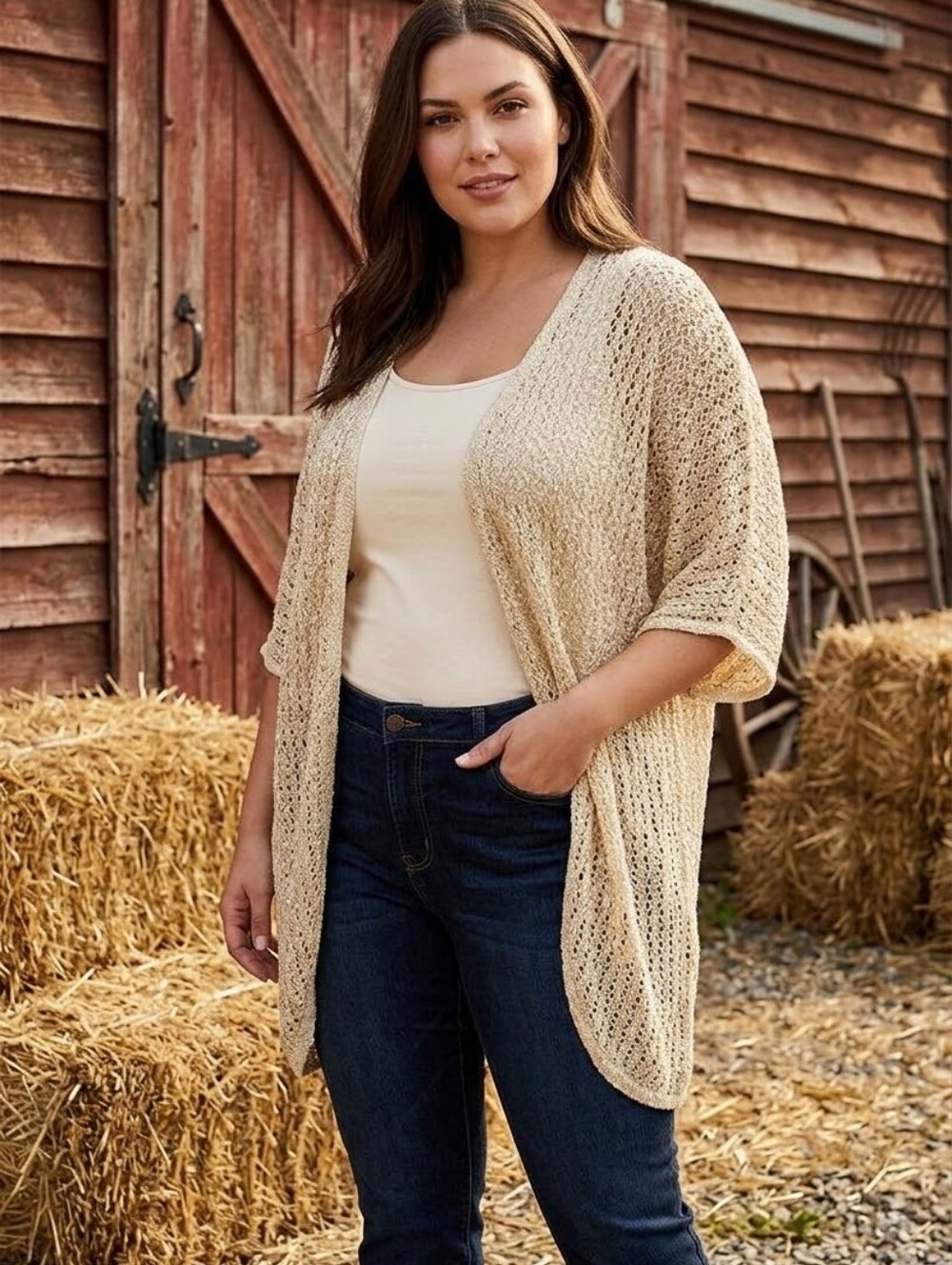 Avenue Cream Open-Front Crochet Knit Cardigan | Size 18/20 (2XL)